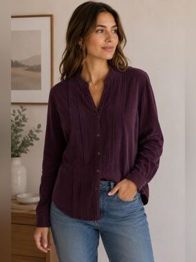 St. John's Bay Deep Purple Button-Down Shirt Size S Cottagecore Corduroy Casual